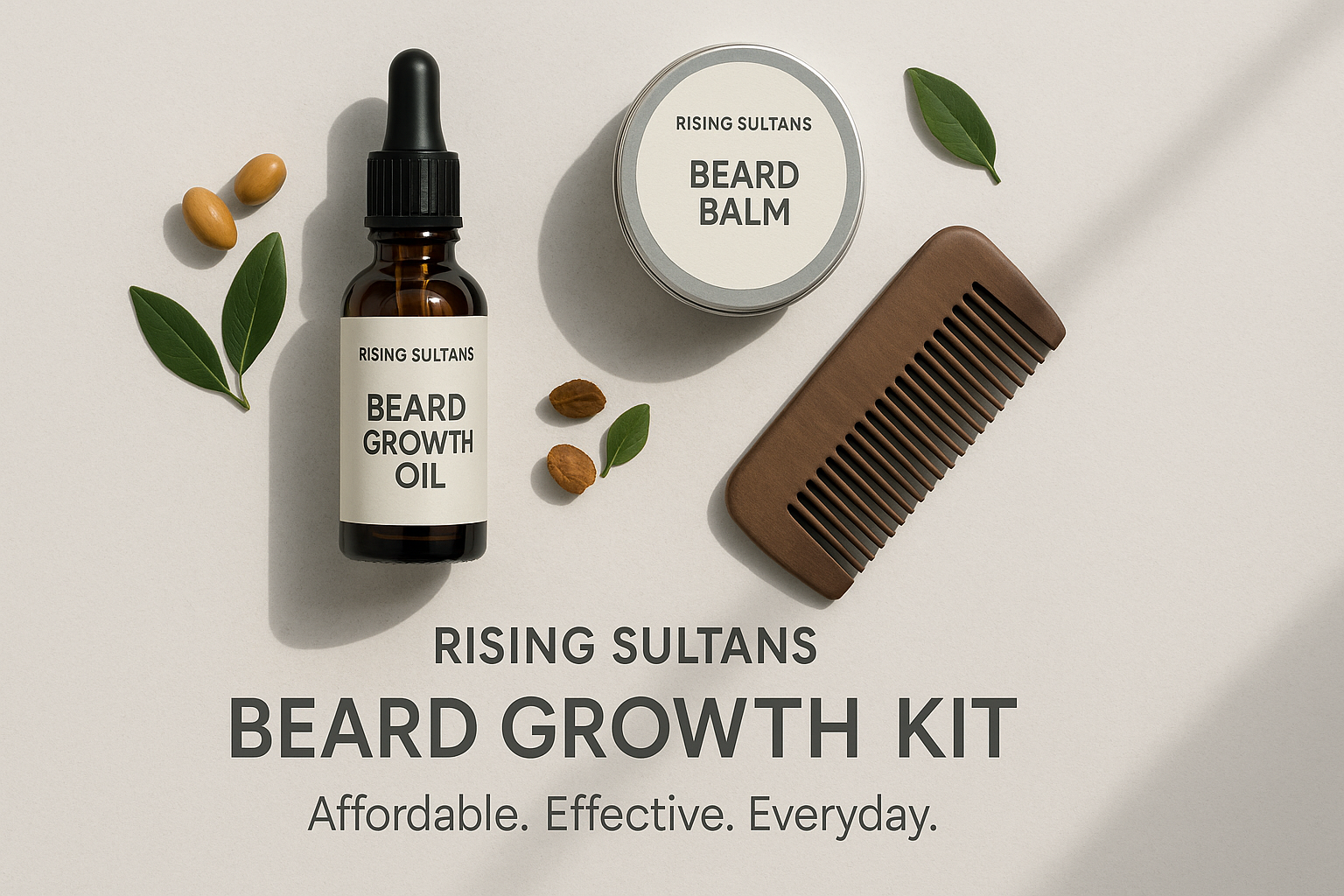 Beard grooming kit from Rising Sultans featuring beard growth oil, beard balm, a wooden comb, and natural ingredients like nuts and leaves, with the text 'Affordable. Effective. Everyday.